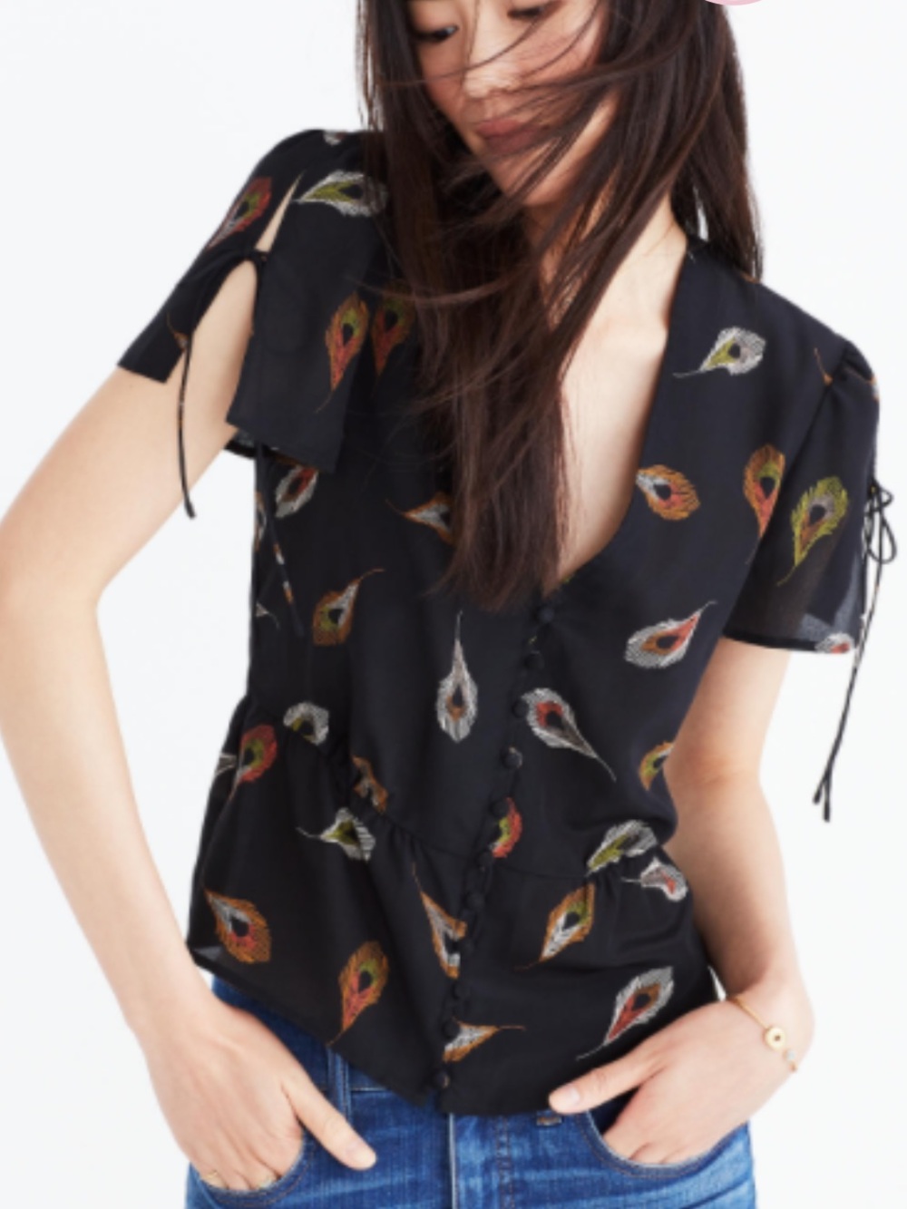 Madewell Silk Belle V-Neck Peacock Feather Print Top